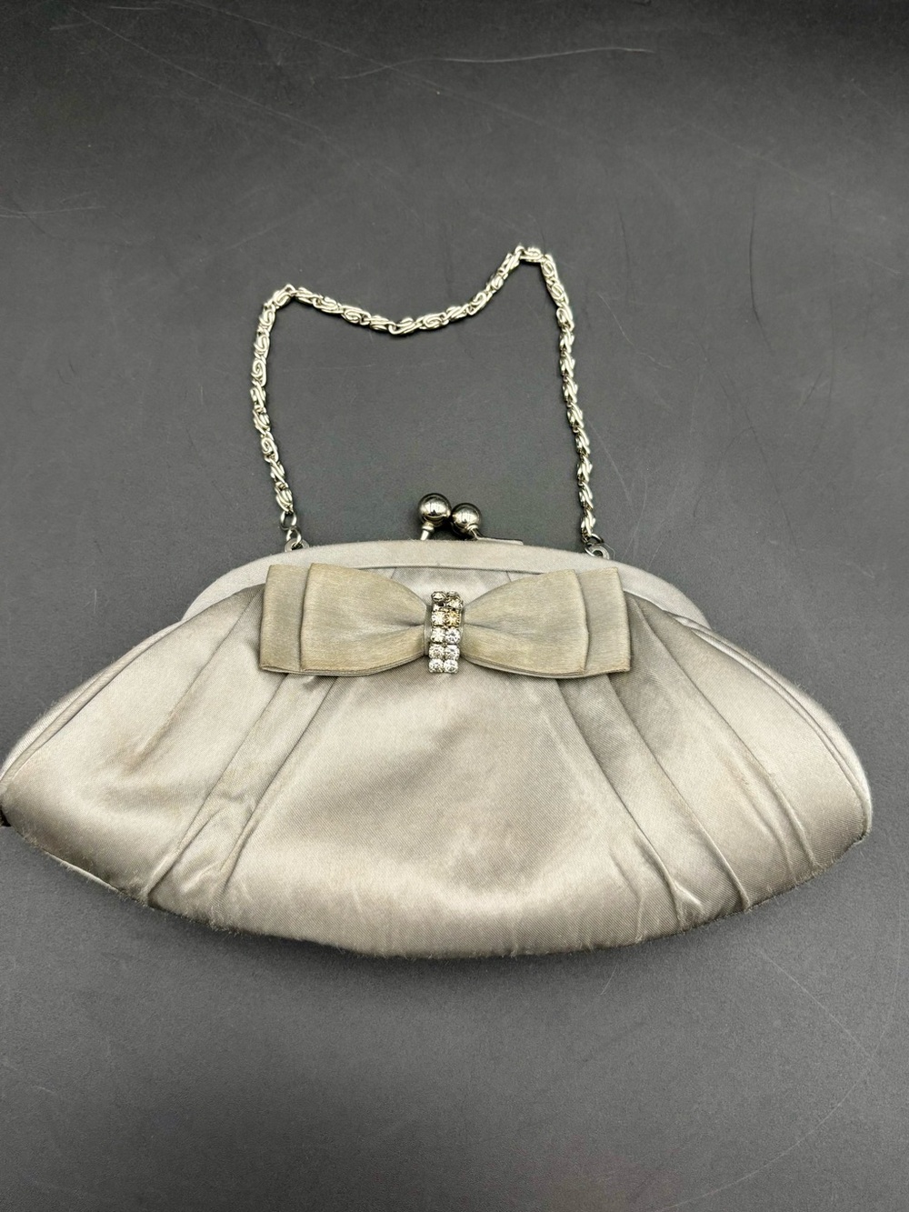 Apt. 9 Silver Gray Satin Pleated Evening Bow Clutch Bag
